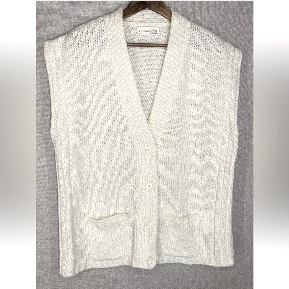 Vintage Sweater Vest Unisex Oversized L/XL Knit Cream Cardigan Pocket 80s 90s